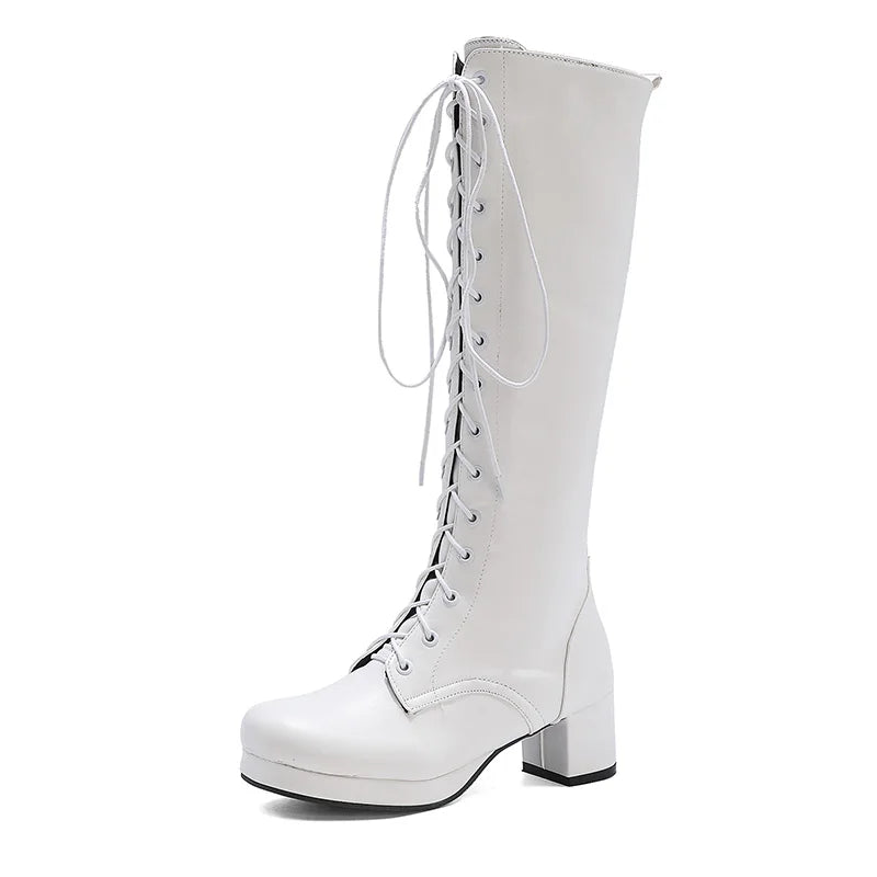 Gdgydh 2022 Autumn Lace-Up Women Motorcycle Boots Square To Low Heels Knee High Boots Winter Female Footwear Plus Large Size