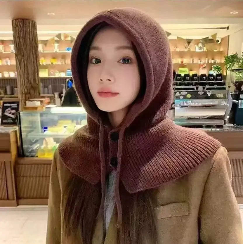 Knitted Hooded Caps Winter Balaclava Hats Women Korean Style Outdoor Warmer Drawstring Hats One-piece Neck Collar Beanies Cap