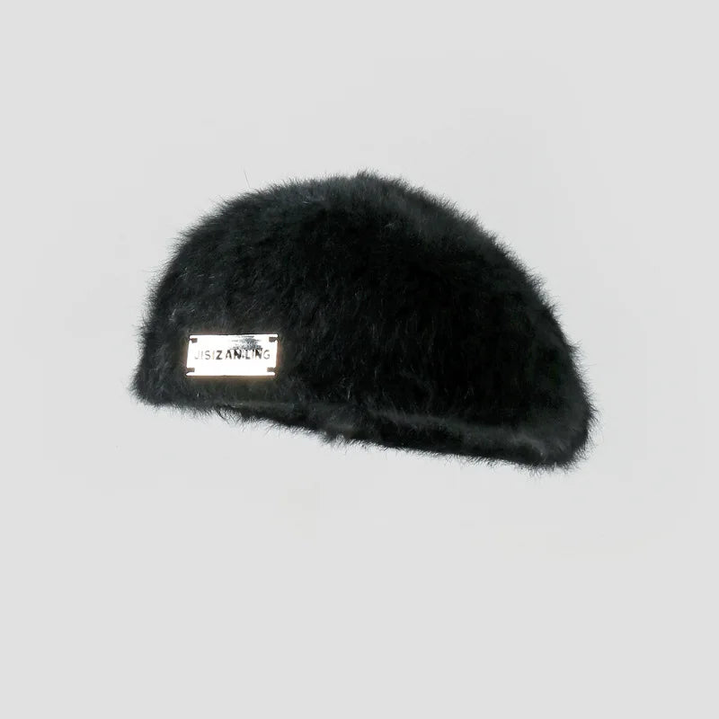 Women Reversible Rabbit Fur Beret Winter Warm Double Sided Knit Hat Retro Painter Cap for Oval Round Face