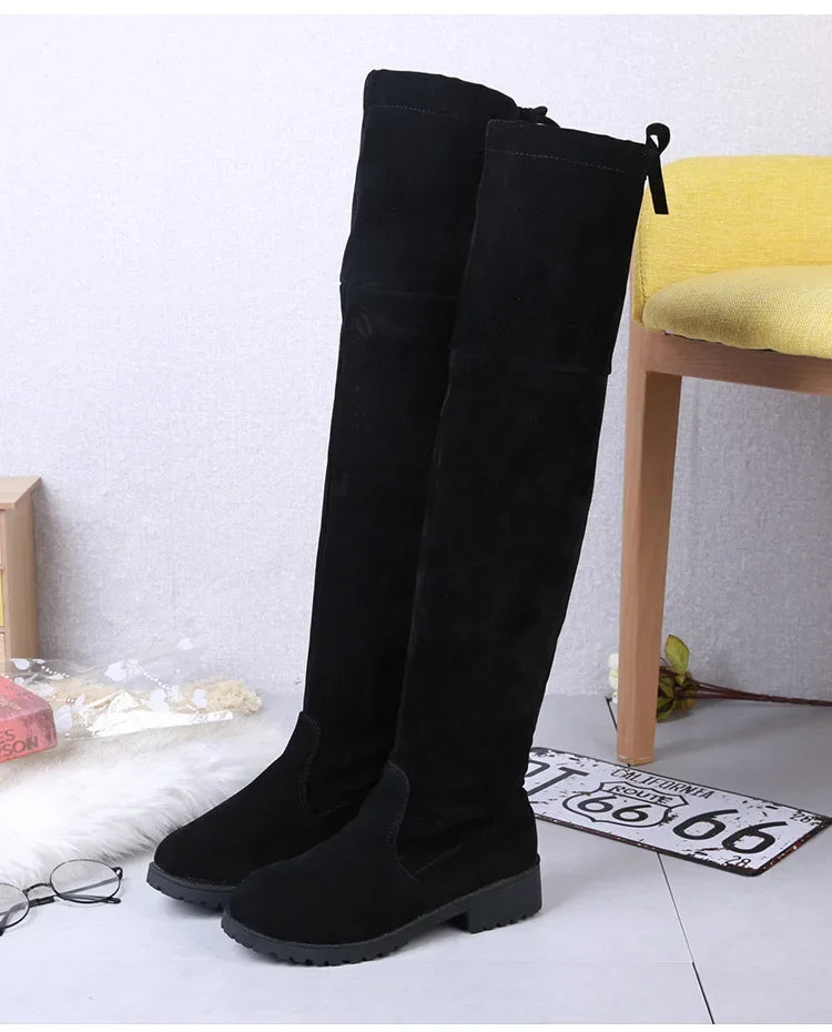 2025 Faux Suede Female Heels Autumn Winter Elastic Knee-high Boots for Women Tube Lace-up Thigh Boots Black Botas