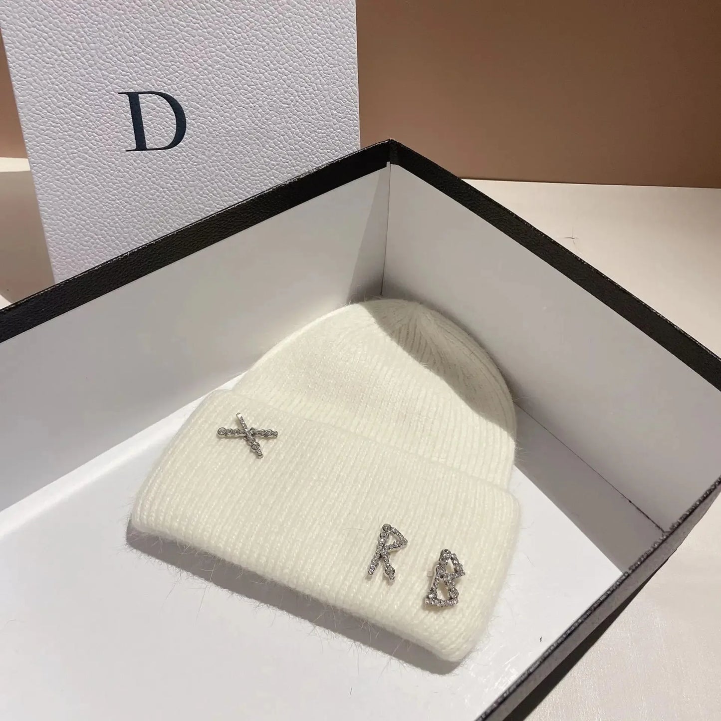 New Real fashion rabbit hair diamond letter hat Women's Winter warm knit hat Designer women's casual hat ski hat