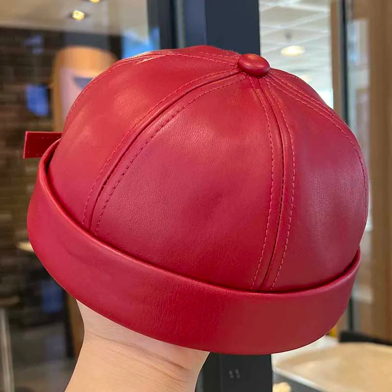 Spring and summer vintage leather landlord hat with adjustable hip hop and brimless melon skin hat suitable for men and women