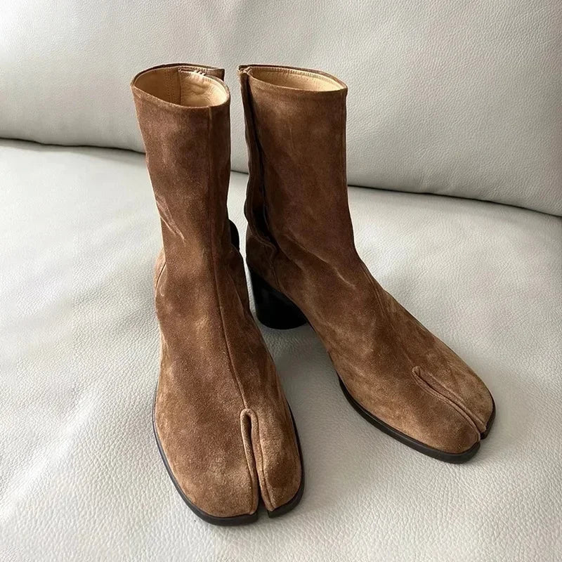 Luxury Brand Design Leather Tabi Boots Fashion Round Chunky High Heel Ankle Boots For Women Autumn Winter Split Toe Shoes