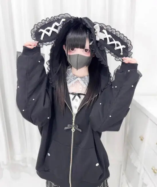 Japanese Pearl Gauze Patchwork Coats Women Y2k Aesthetic Lace Rabbit's Ears Jackets Casual Oversized Harajuku Kawaii Hoodies Top