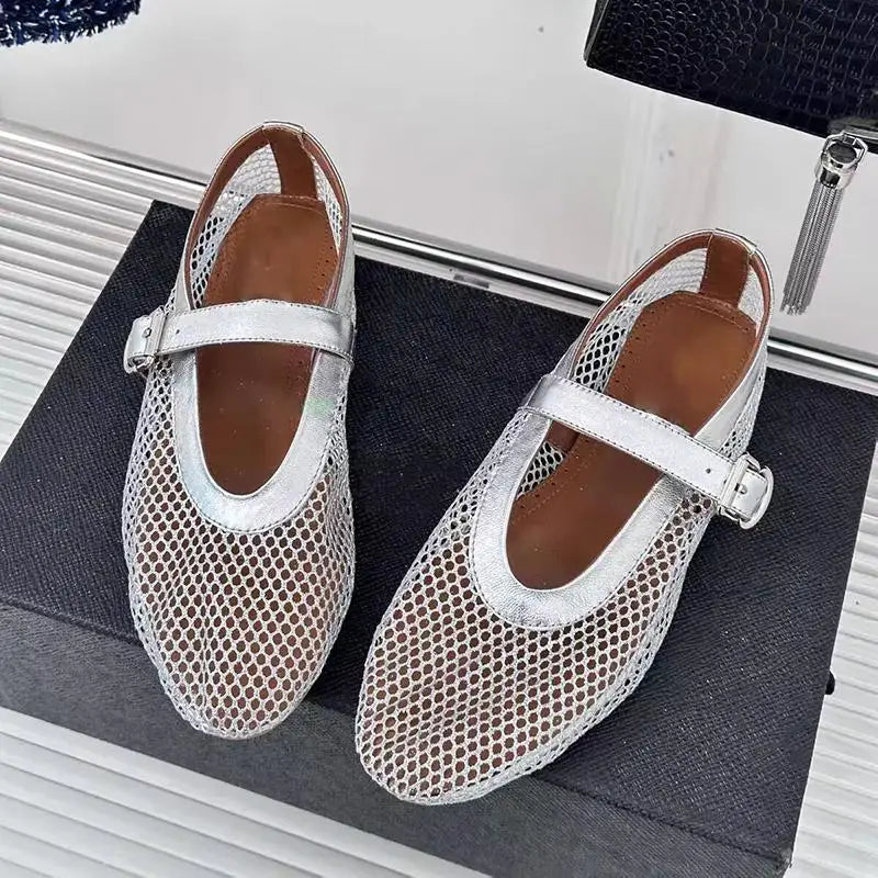 Fashion women mesh ballet falts round toe buckle strap pumps