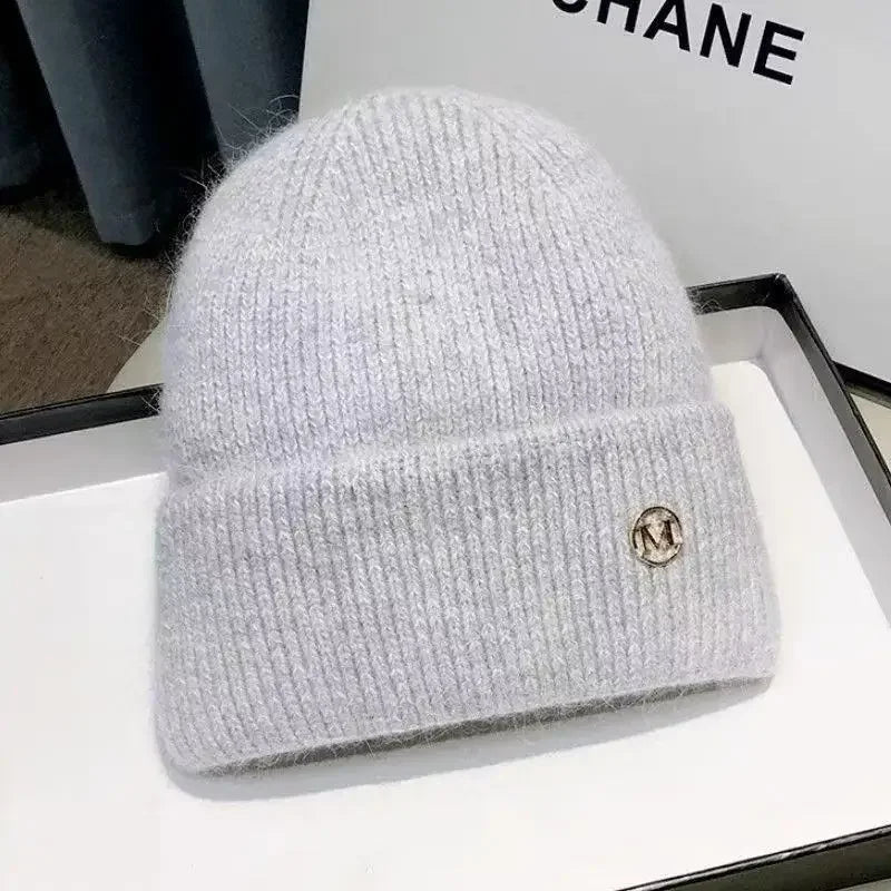 Women's Winter Hats Soft Knit Beanie Warm Rabbit Fur Cute Solid Color Slouchy Cap Casual Outdoor Fashion Solid Adult Cover Head