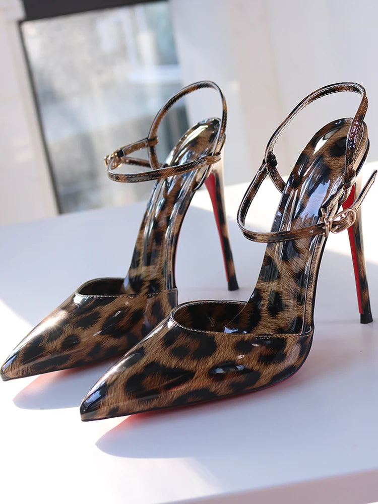 Red Background Leopard Print High-heeled Sandals with A Straight Buckle Thin Heel Pointed Toe Fashionable and Sexy Big Size 12CM