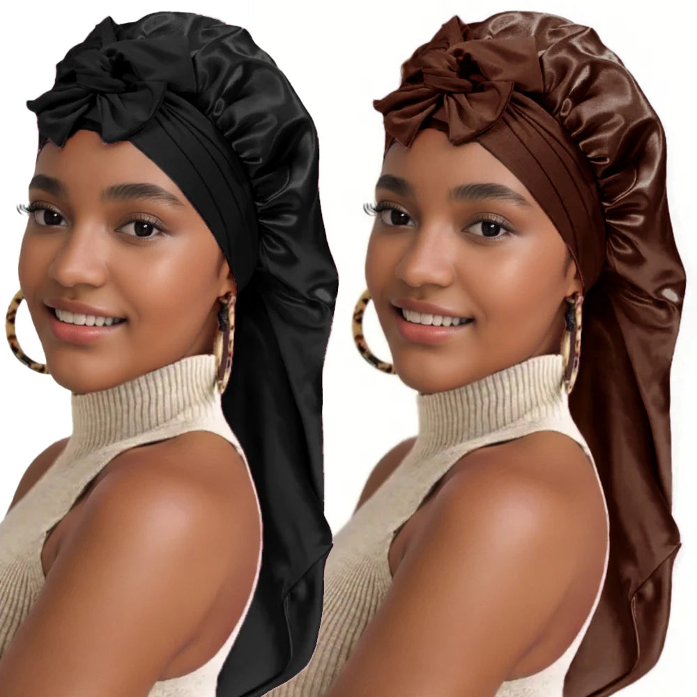 2Pcs Solid Color Bowknot Braid Bonnet Classic Long Satin Bonnets Soft Women Sleeping Night Cap Breathable Hair Bonnets