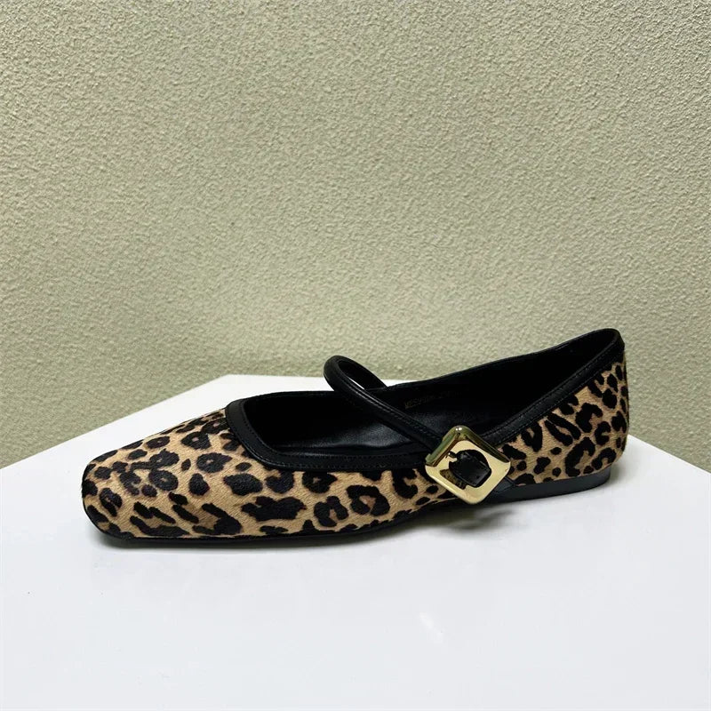 Designer Spring Autumn Women Leopard Shoes Fashion Shallow Buckle Ladies Flats Shoes Square Toe Women's Mary Jane Shoes
