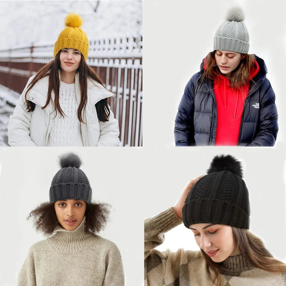 Satin Lined Winter Hat Beanie For Women Men, Knitted Wool Crochet Cap With Fashion Fur Ball Pompom Winter Stretchy Warm Hat