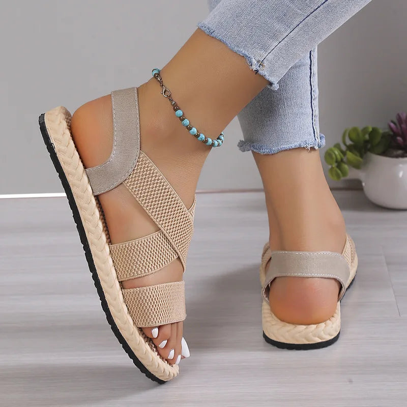 Fashion Women's Trend Anti-Slip Wear Comfortable Matching Color Sole Pure Black Shoelace Flat Sandals