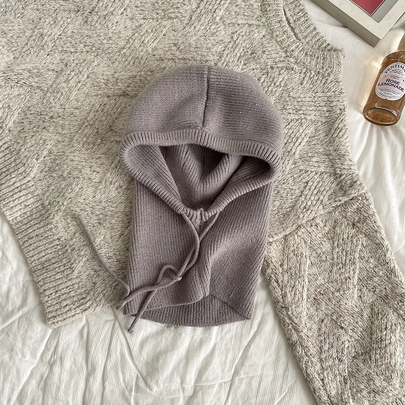 Knitted Hooded Caps Winter Balaclava Hats Women Outdoor Warmer Drawstring Hats One-piece Neck Collar Beanies Cap