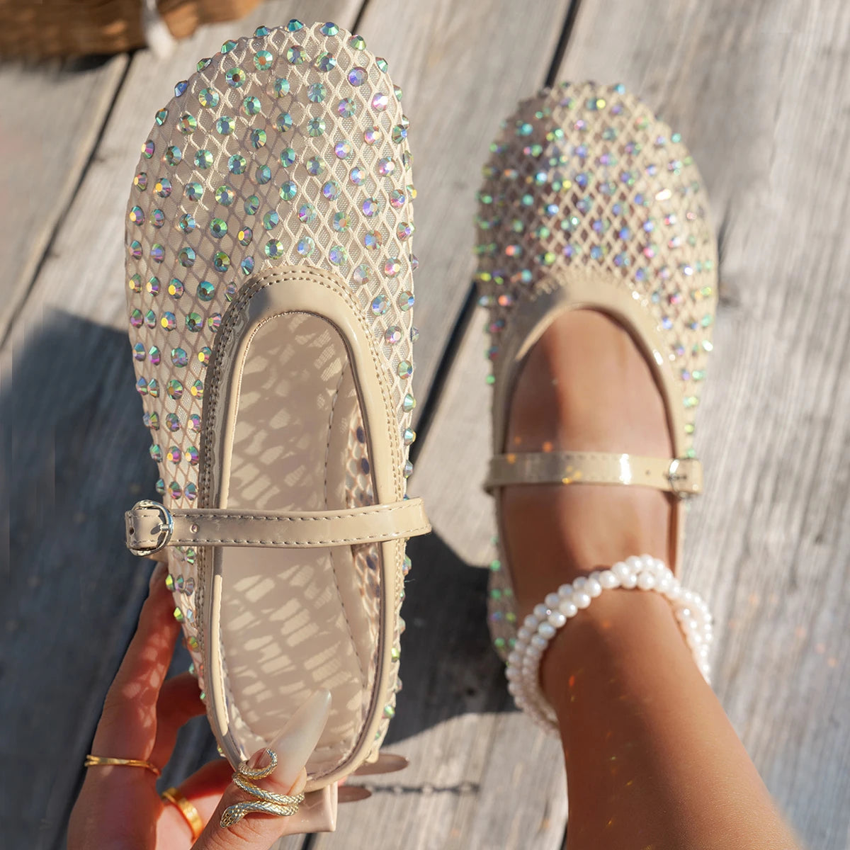 Women's Mary Jane Flats 2026 Spring Autumn Fashionable Women's Shoes Breathable Mesh Rhinestone Decorated Large Size Mesh Shoes