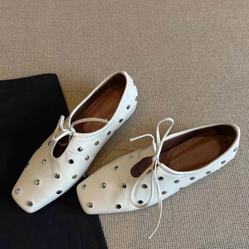 2025 New Women's Ballet Flat Shoes Mary Janes Lace-Up Flats French Style Square Head Low Heel Spring Autumn Season PU Leather