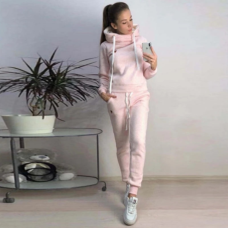 Solid Women Tracksuit Casual Hoodies Sweatshirt Pant Set Lounge Wear Sport Suit 2PCS Autumn Winter Clothes