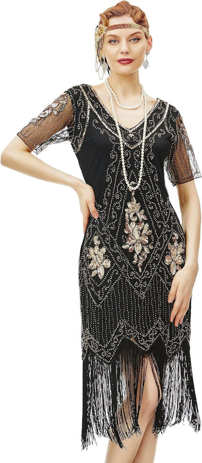 1920S Art Deco Fringed Sequin Dress Roaring 20S Flapper Fancy Dress - Miki Guru Store US