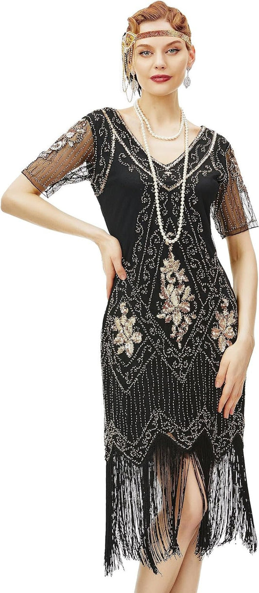 1920S Art Deco Fringed Sequin Dress Roaring 20S Flapper Fancy Dress - Miki Guru Store US