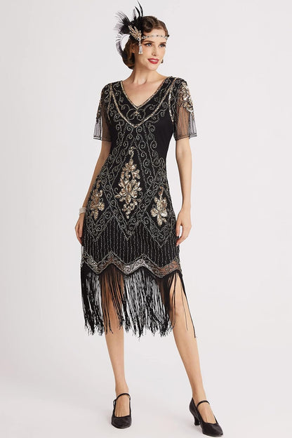 1920S Art Deco Fringed Sequin Dress Roaring 20S Flapper Fancy Dress - Miki Guru Store US