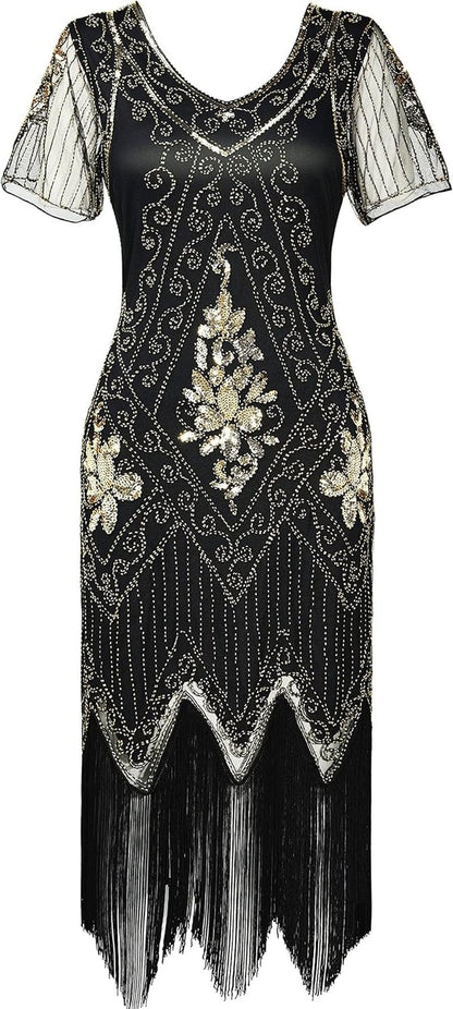 1920S Art Deco Fringed Sequin Dress Roaring 20S Flapper Fancy Dress - Miki Guru Store US