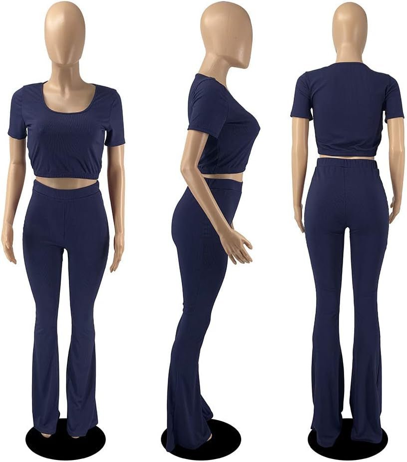 2 Piece Outfits for Women Workout Sets - Sexy Crop Top + High Waisted Flared Long Pant Sets Track Suits Yoga Sports - Miki Guru Store US
