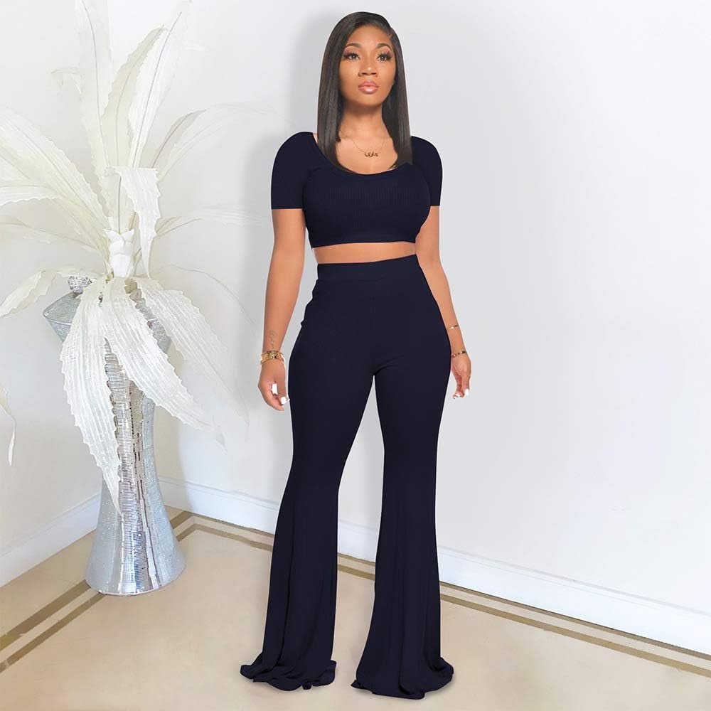 2 Piece Outfits for Women Workout Sets - Sexy Crop Top + High Waisted Flared Long Pant Sets Track Suits Yoga Sports - Miki Guru Store US