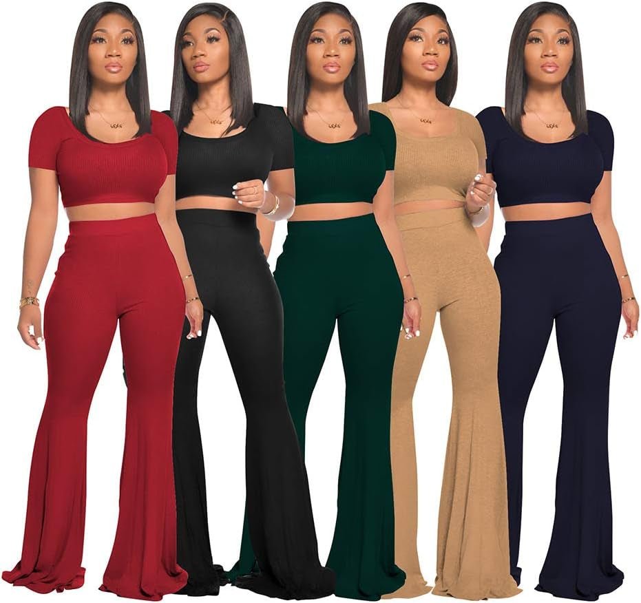2 Piece Outfits for Women Workout Sets - Sexy Crop Top + High Waisted Flared Long Pant Sets Track Suits Yoga Sports - Miki Guru Store US
