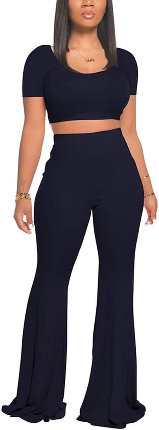 2 Piece Outfits for Women Workout Sets - Sexy Crop Top + High Waisted Flared Long Pant Sets Track Suits Yoga Sports - Miki Guru Store US