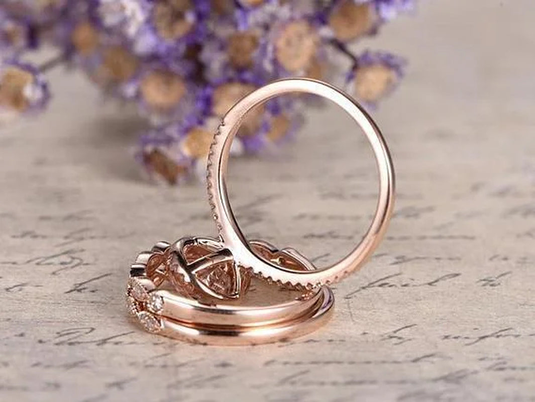 1.75 Carat Pear Cut Lab Created Morganite Bridal Set in 18K Rose Gold with Art Deco Bands