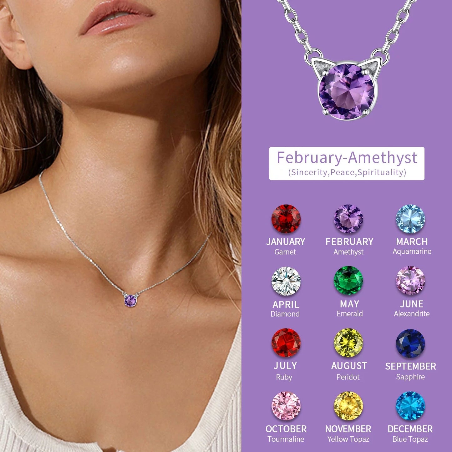 925 Sterling Silver Birthstone Cat Necklace for Women, Cat Lover Jewelry Hypoallergenic Silver Choker Pendant Birthday Anniversary Christmas Valentines Gift for Wife Girlfriend - Miki Guru Store US