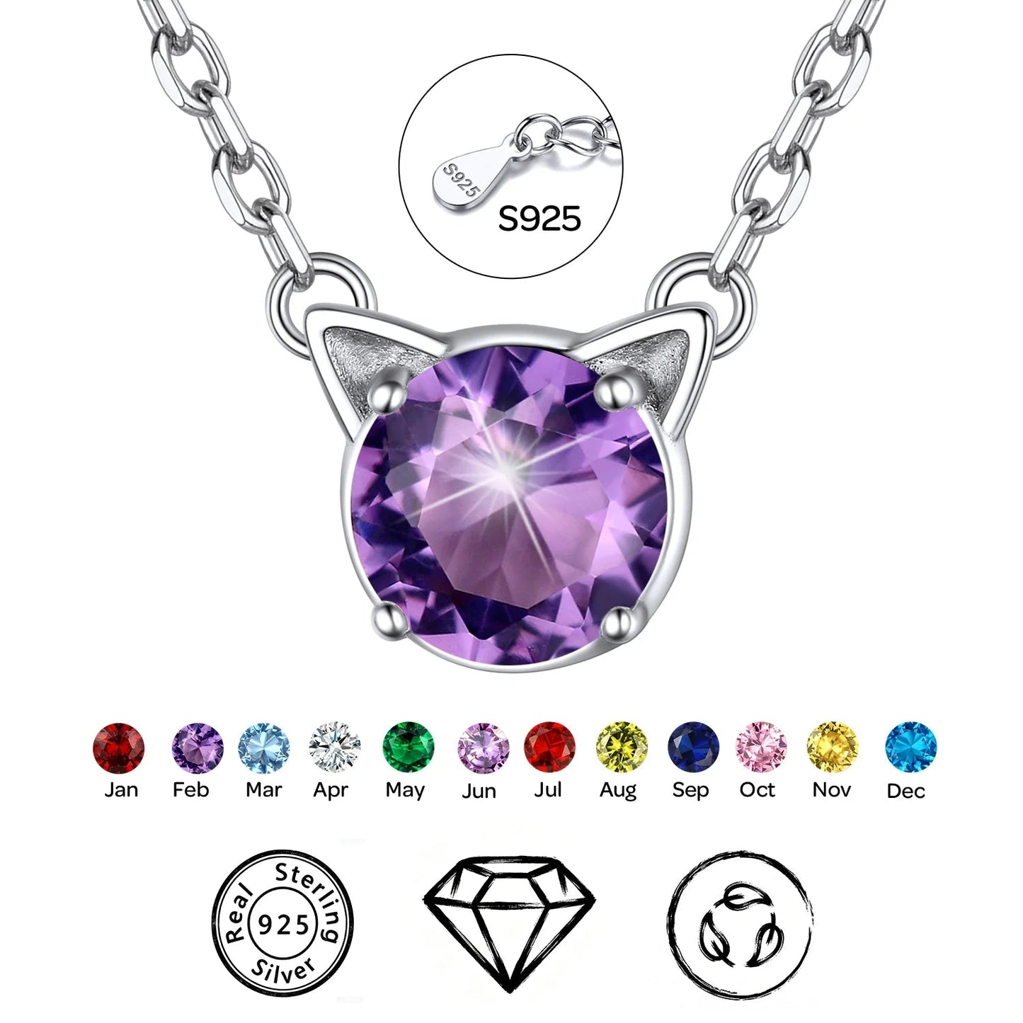 925 Sterling Silver Birthstone Cat Necklace for Women, Cat Lover Jewelry Hypoallergenic Silver Choker Pendant Birthday Anniversary Christmas Valentines Gift for Wife Girlfriend - Miki Guru Store US