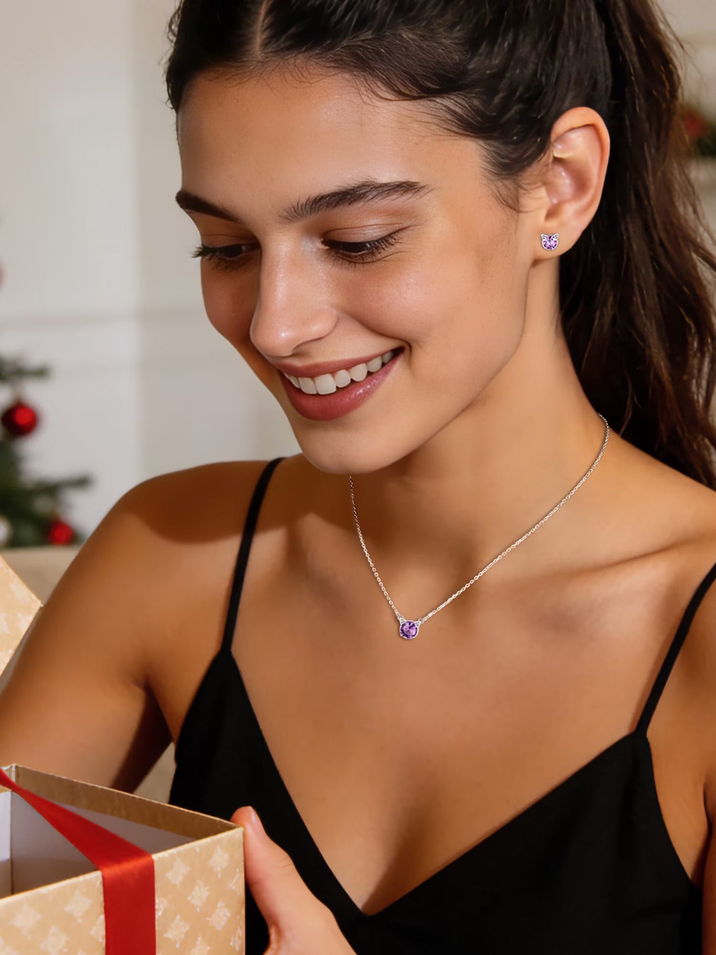 925 Sterling Silver Birthstone Cat Necklace for Women, Cat Lover Jewelry Hypoallergenic Silver Choker Pendant Birthday Anniversary Christmas Valentines Gift for Wife Girlfriend - Miki Guru Store US