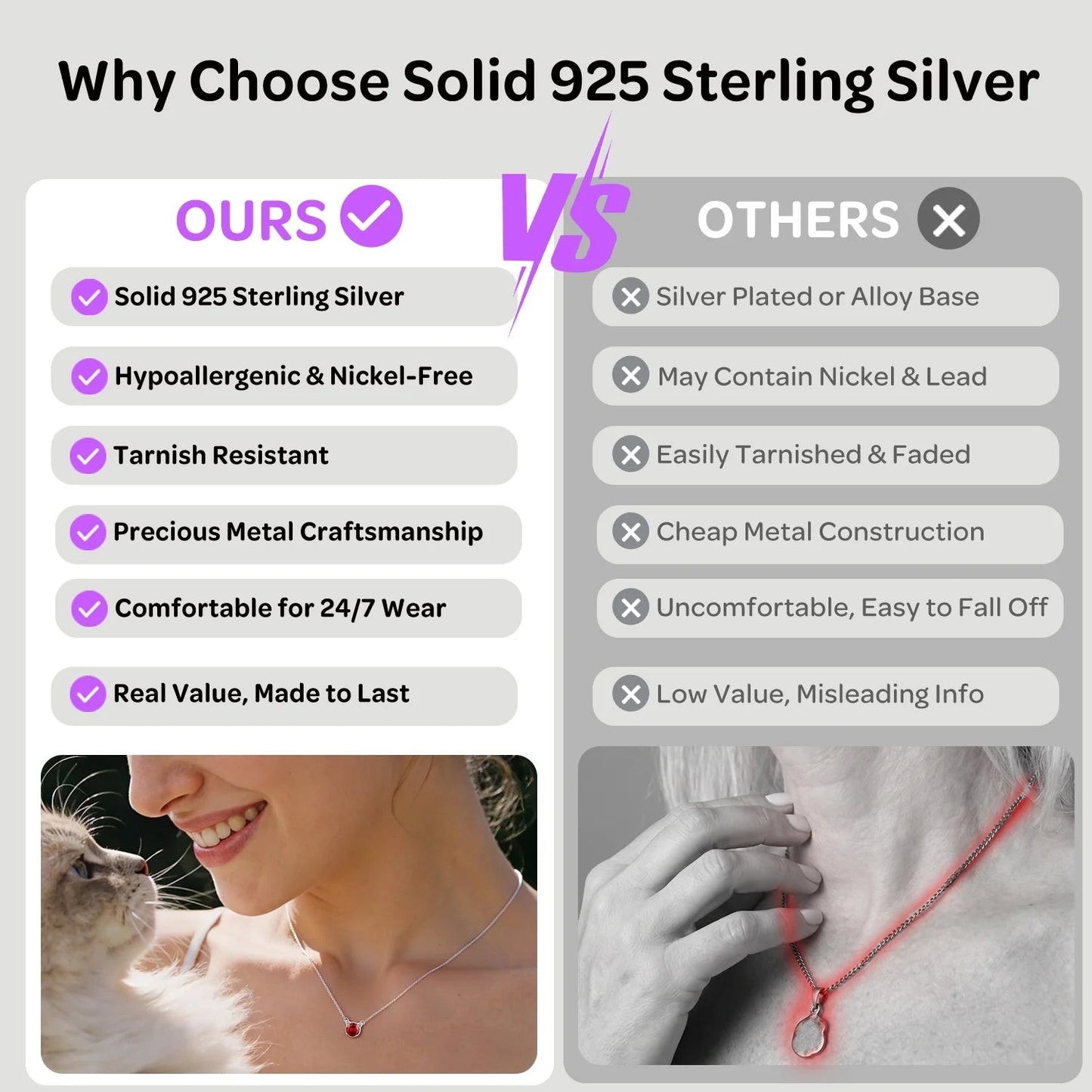 925 Sterling Silver Birthstone Cat Necklace for Women, Cat Lover Jewelry Hypoallergenic Silver Choker Pendant Birthday Anniversary Christmas Valentines Gift for Wife Girlfriend - Miki Guru Store US