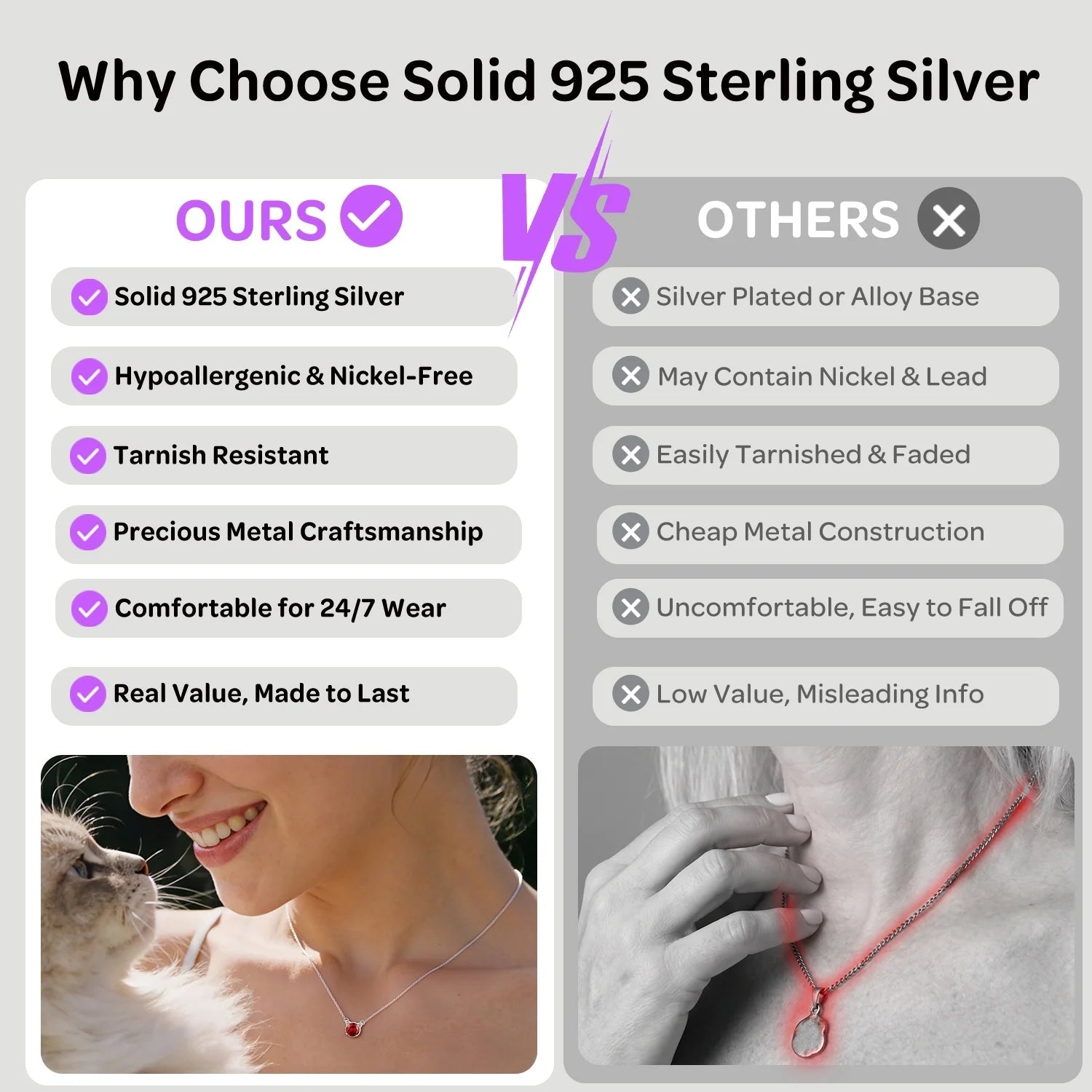 925 Sterling Silver Birthstone Cat Necklace for Women, Cat Lover Jewelry Hypoallergenic Silver Choker Pendant Birthday Anniversary Christmas Valentines Gift for Wife Girlfriend - Miki Guru Store US