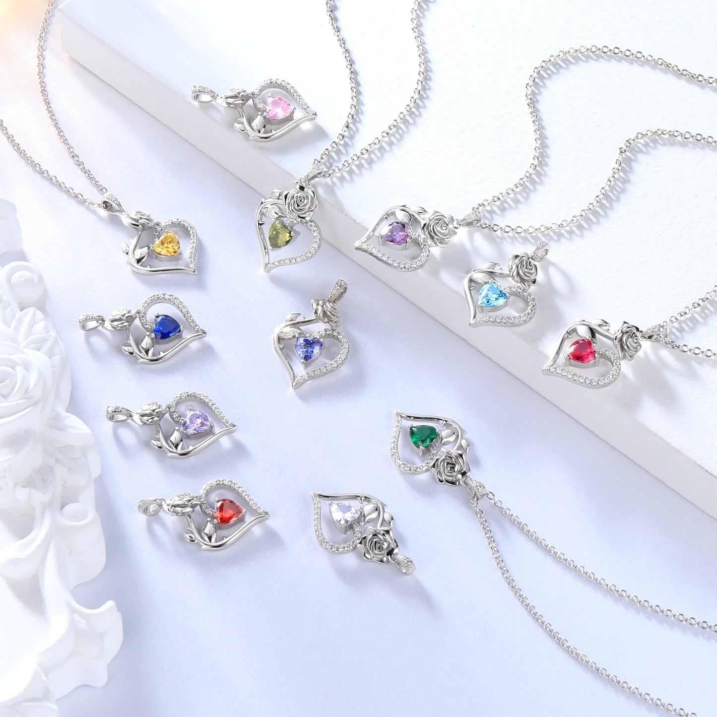 925 Sterling Silver Birthstone Necklace Rose Flower Heart Pendant Jewelry Christmas Valentines Mother'S Day Gifts for Women Mom Wife/Lover - Miki Guru Store US