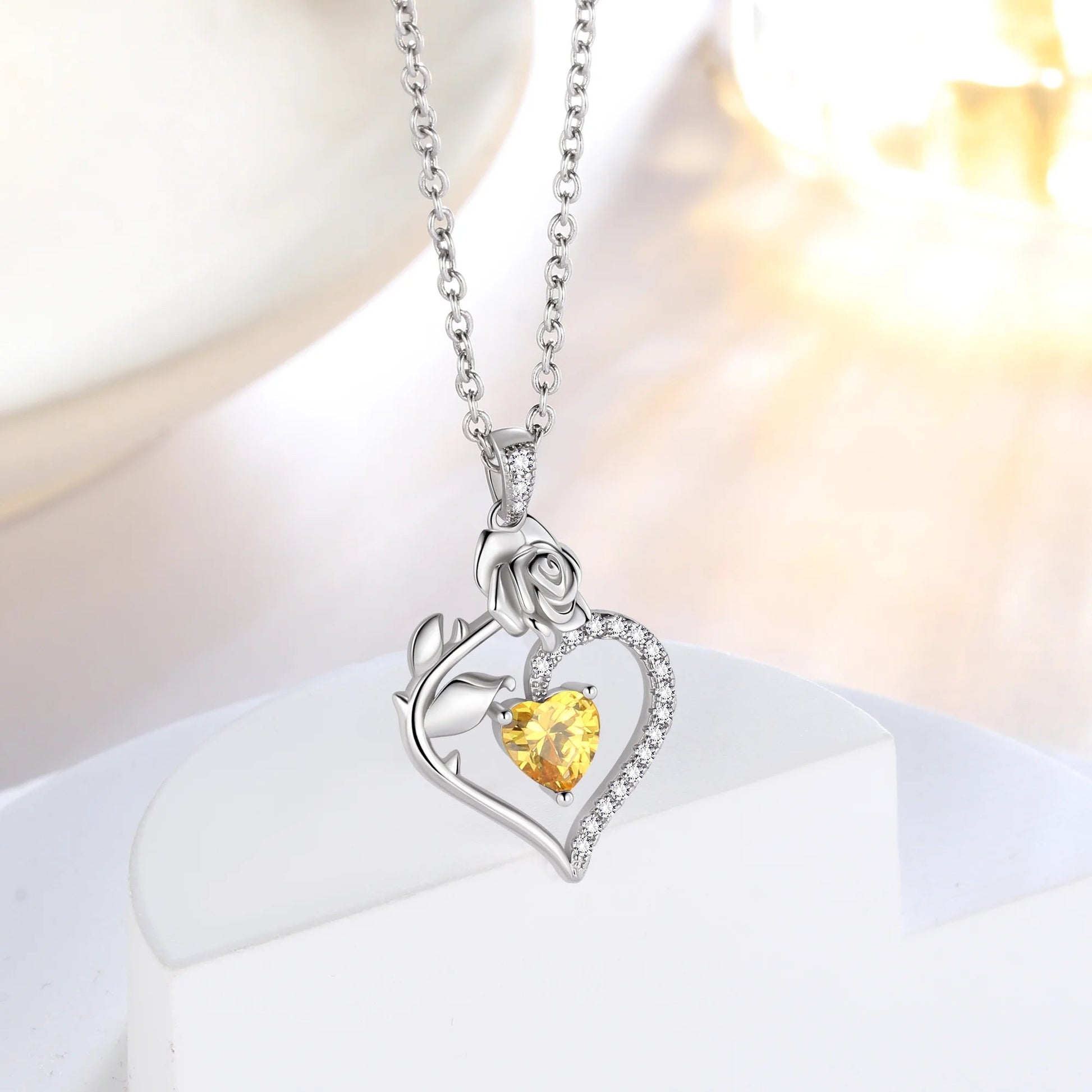 925 Sterling Silver Birthstone Necklace Rose Flower Heart Pendant Jewelry Christmas Valentines Mother'S Day Gifts for Women Mom Wife/Lover - Miki Guru Store US