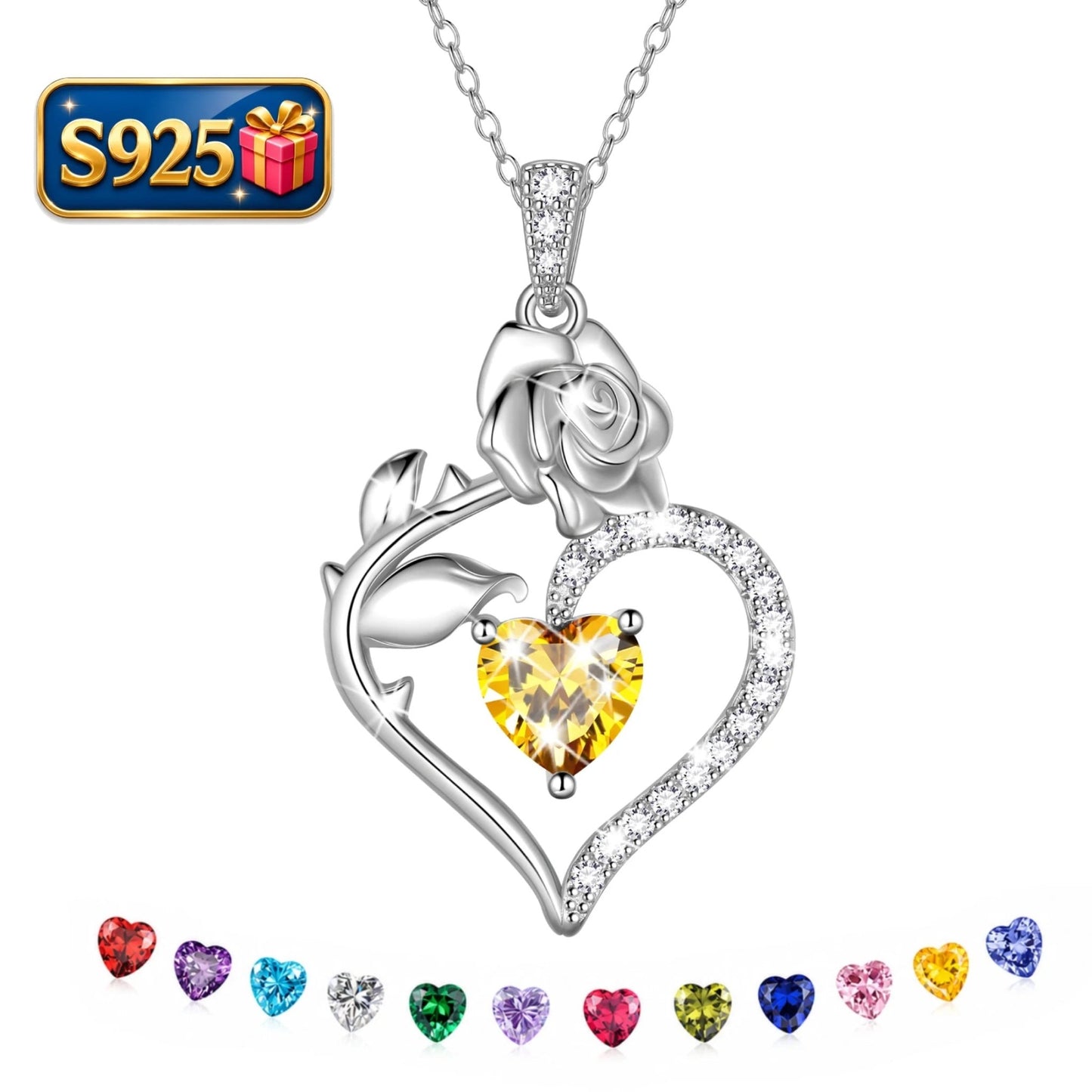 925 Sterling Silver Birthstone Necklace Rose Flower Heart Pendant Jewelry Christmas Valentines Mother'S Day Gifts for Women Mom Wife/Lover - Miki Guru Store US