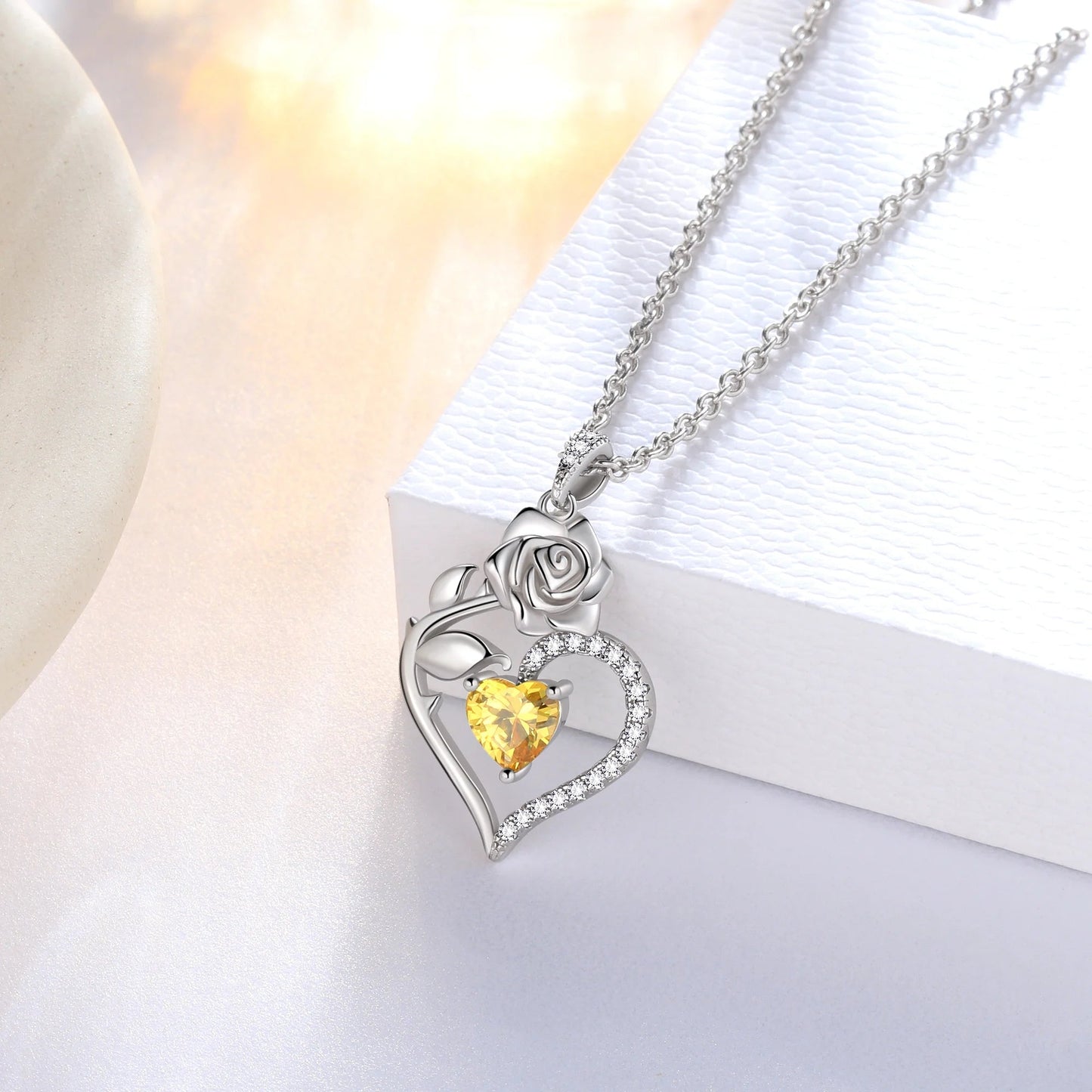 925 Sterling Silver Birthstone Necklace Rose Flower Heart Pendant Jewelry Christmas Valentines Mother'S Day Gifts for Women Mom Wife/Lover - Miki Guru Store US