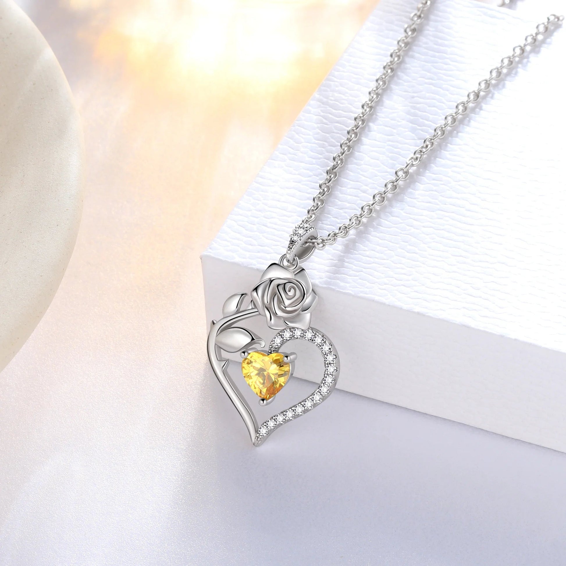 925 Sterling Silver Birthstone Necklace Rose Flower Heart Pendant Jewelry Christmas Valentines Mother'S Day Gifts for Women Mom Wife/Lover - Miki Guru Store US