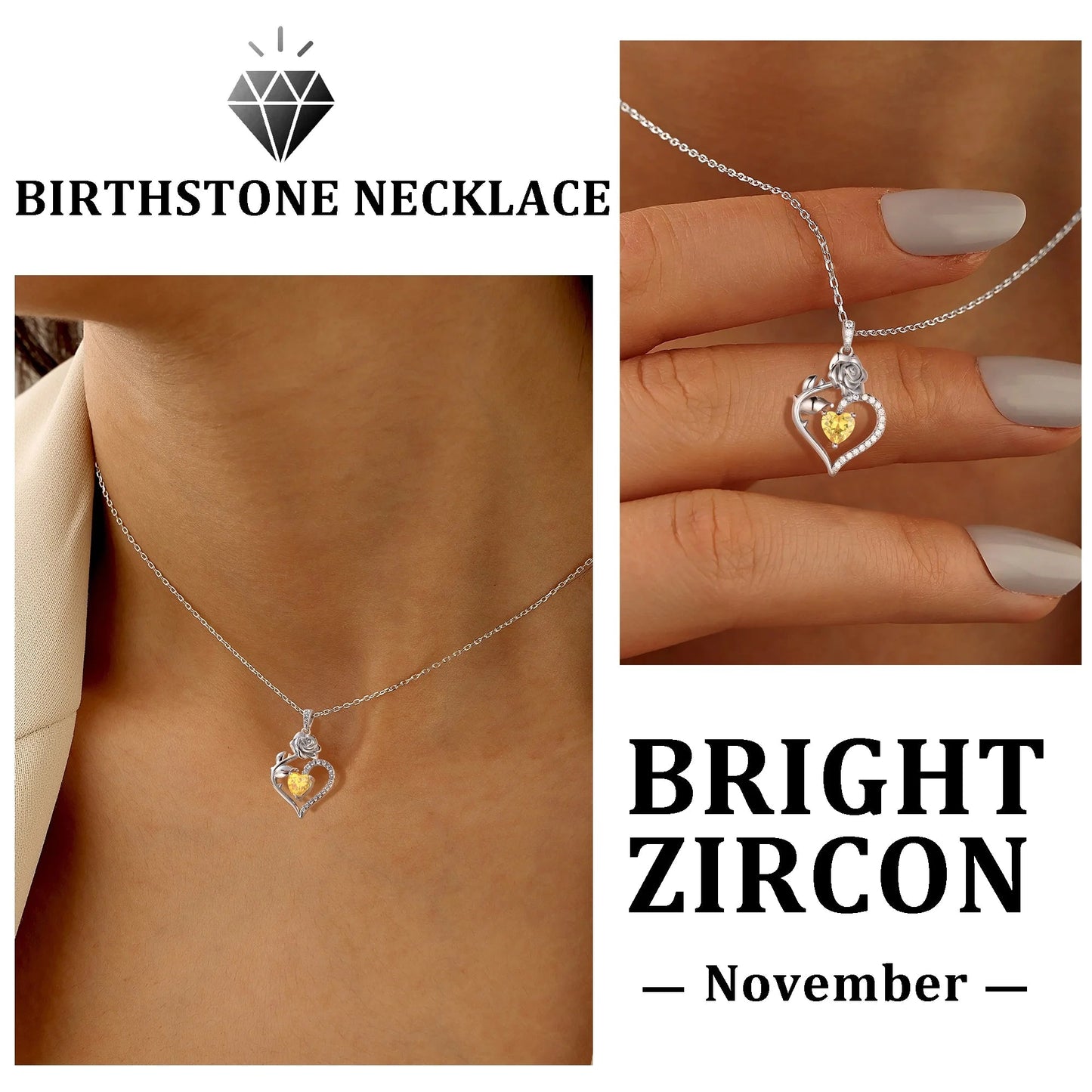 925 Sterling Silver Birthstone Necklace Rose Flower Heart Pendant Jewelry Christmas Valentines Mother'S Day Gifts for Women Mom Wife/Lover - Miki Guru Store US