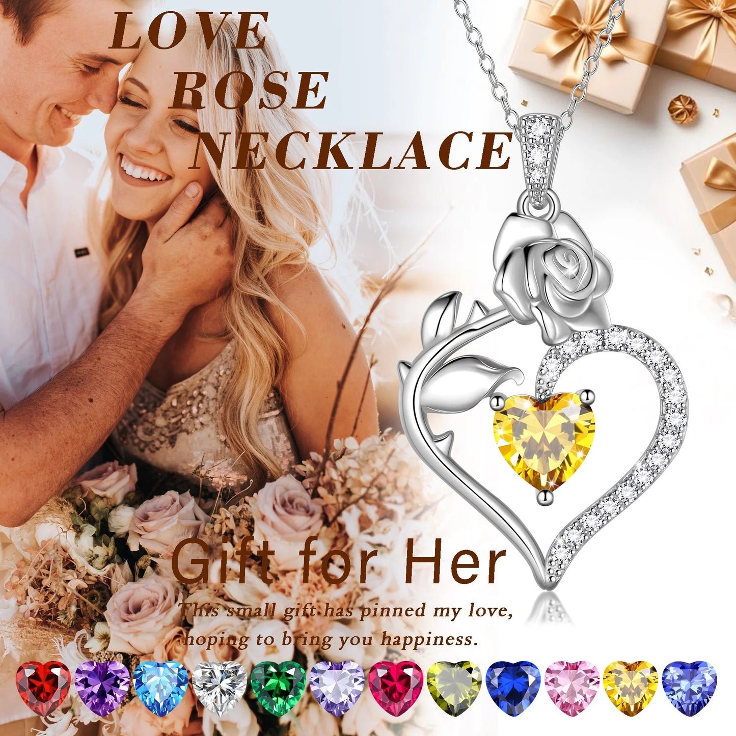 925 Sterling Silver Birthstone Necklace Rose Flower Heart Pendant Jewelry Christmas Valentines Mother'S Day Gifts for Women Mom Wife/Lover - Miki Guru Store US