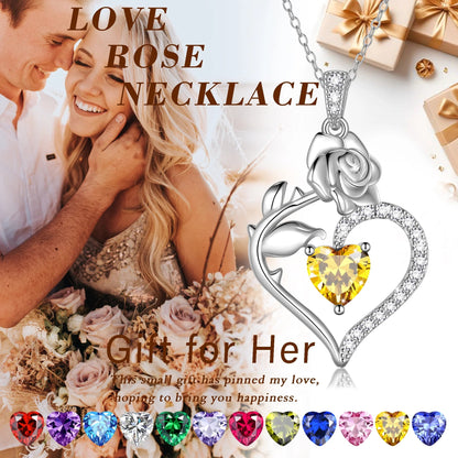 925 Sterling Silver Birthstone Necklace Rose Flower Heart Pendant Jewelry Christmas Valentines Mother'S Day Gifts for Women Mom Wife/Lover - Miki Guru Store US