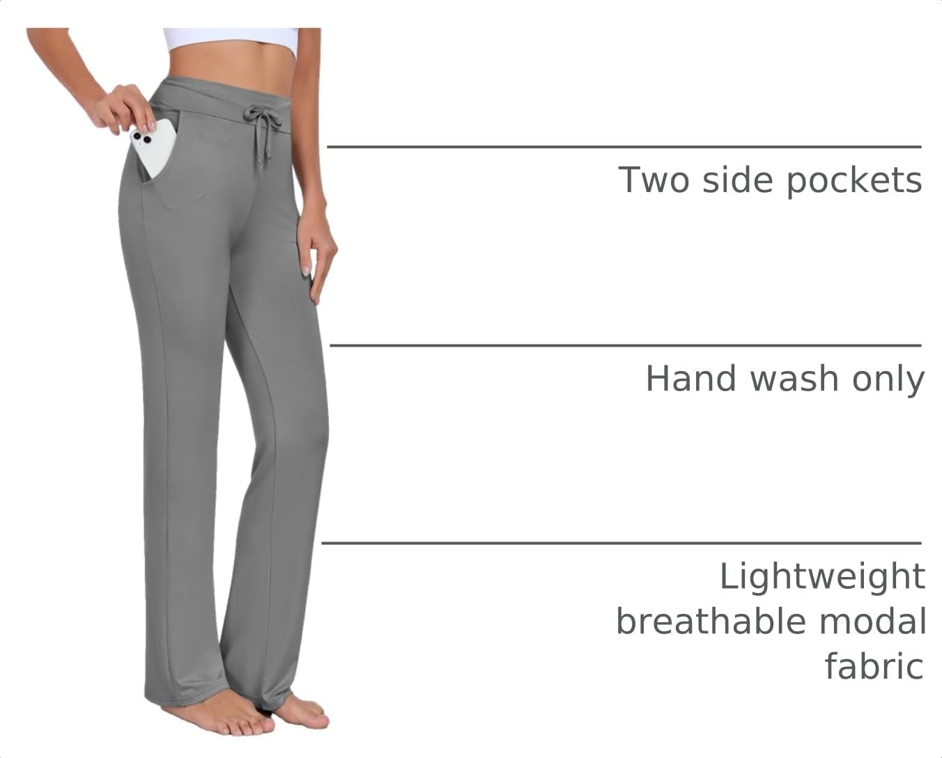 Womens Yoga Pants with Pockets Straight-Leg Loose Comfy Modal Drawstring Lounge Running Long Active Casual Sweatpants