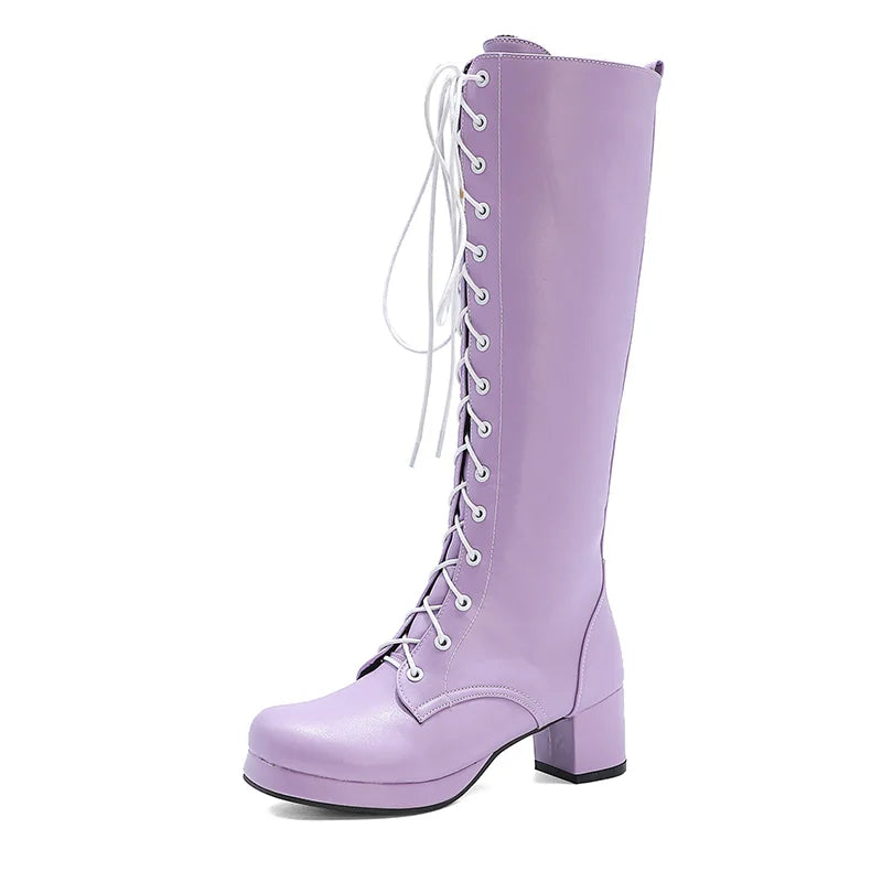 Gdgydh 2022 Autumn Lace-Up Women Motorcycle Boots Square To Low Heels Knee High Boots Winter Female Footwear Plus Large Size