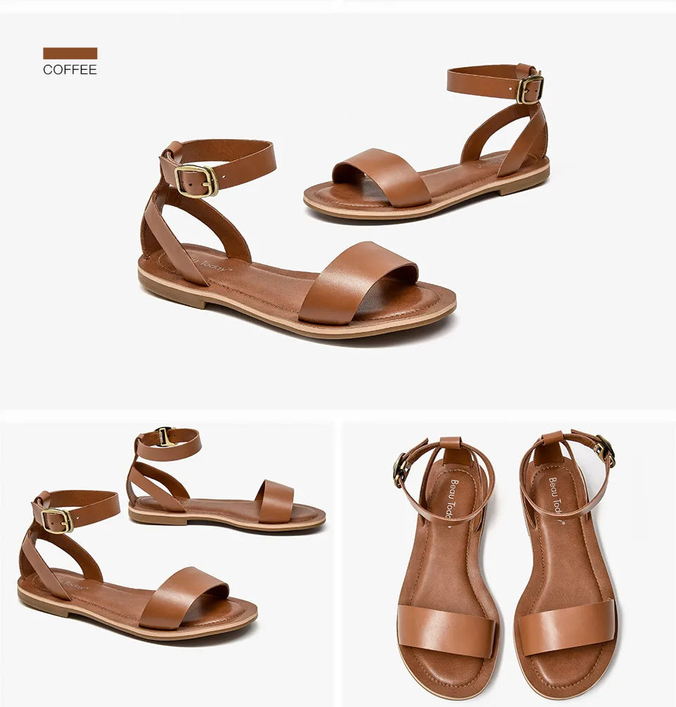 BeauToday Sandals Women Genuine Cow Leather Wraparound Ankle Strap Metal Buckle Female Outdoor Summer Flat Shoes Handmade 32344
