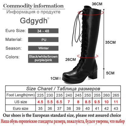 Gdgydh 2022 Autumn Lace-Up Women Motorcycle Boots Square To Low Heels Knee High Boots Winter Female Footwear Plus Large Size
