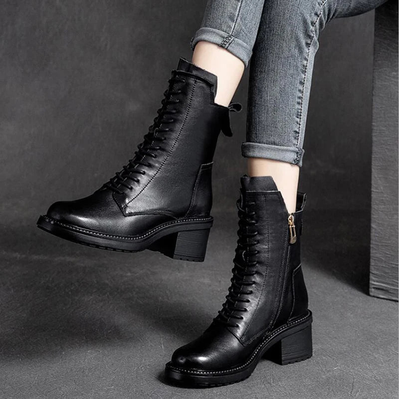 GKTINOO 2026 Cow Leather Quality Women Shoes Autumn Winter Square Med Heel Ankle Boots Lace Up Zipper Ladies Pumps Size 35-40