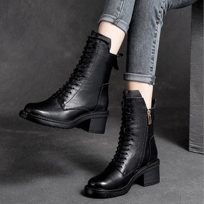 GKTINOO 2026 Cow Leather Quality Women Shoes Autumn Winter Square Med Heel Ankle Boots Lace Up Zipper Ladies Pumps Size 35-40