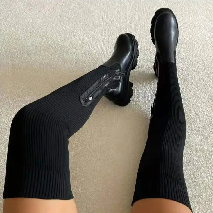 Women's Over The Knee Boots Stretch Knitted 2025 Autumn Fashion Female Platform Boot Splicing Ladies Sock Shoes Woman Long Boots