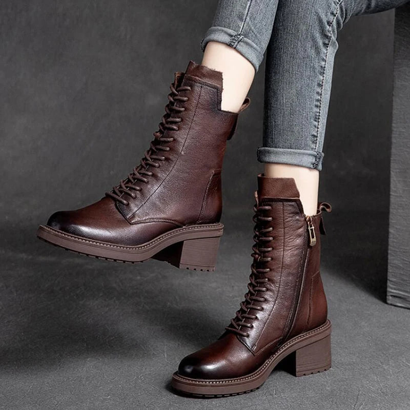 GKTINOO 2026 Cow Leather Quality Women Shoes Autumn Winter Square Med Heel Ankle Boots Lace Up Zipper Ladies Pumps Size 35-40
