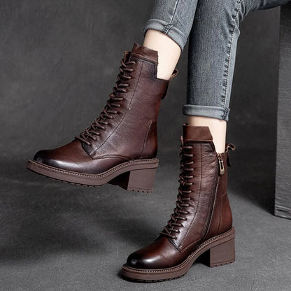 GKTINOO 2026 Cow Leather Quality Women Shoes Autumn Winter Square Med Heel Ankle Boots Lace Up Zipper Ladies Pumps Size 35-40